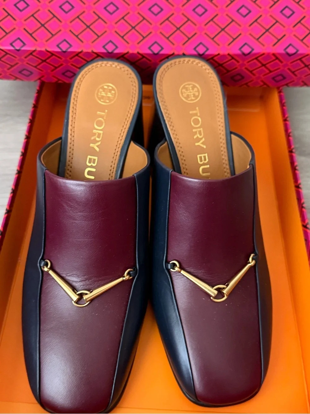 Tory Burch Burgundy and Black Leather Backless Loafers with Gold Accent